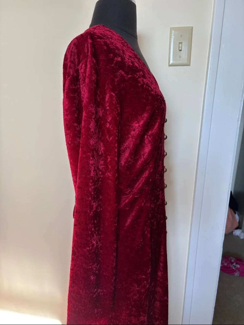Vintage Red Crushed Velvet Long Sleeve Full Button-Front Corset Back